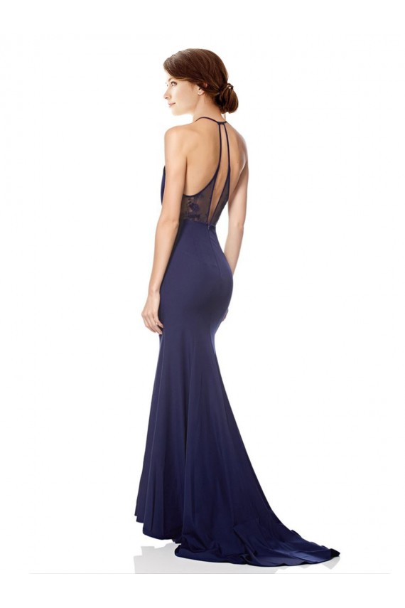 Outlet Azul Marino Sirena Halter Cuello Alto Crepé Elástico Largo Formales Vestidos de dama de honor / Vestidos de fiesta