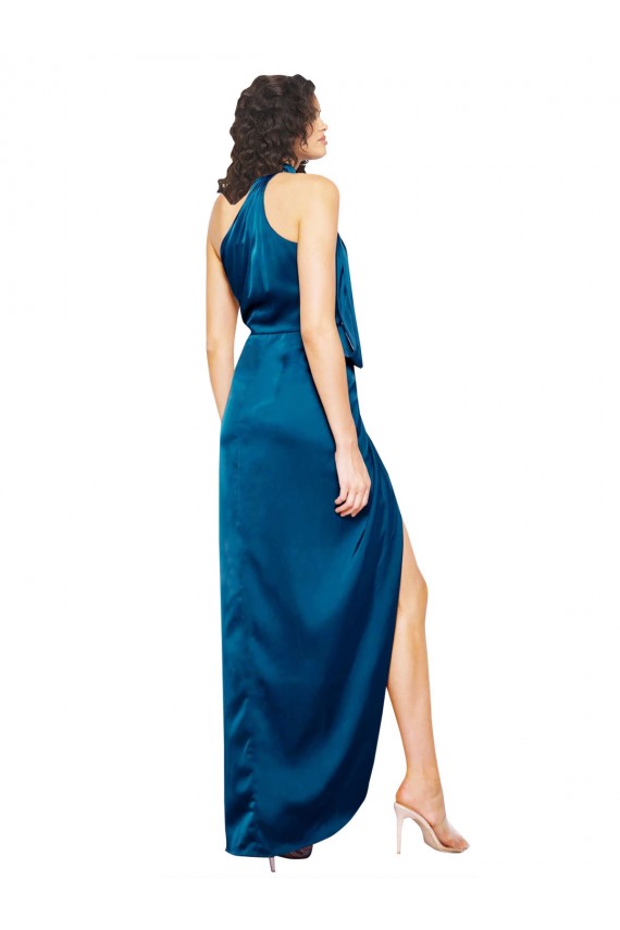 Outlet Azul Verde pavo real Cubierta Halter Cuello Alto Satén sedoso Largo Formales Vestidos de dama de honor / Vestidos de fiesta
