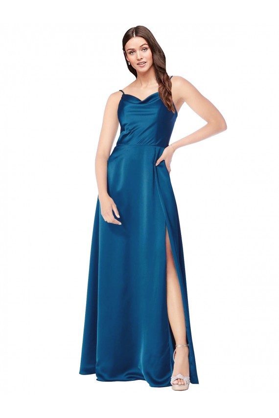 Outlet Azul Verde pavo real línea A Tirantes espagueti Satén sedoso Largo Formales Vestidos de dama de honor / Vestidos de fiesta