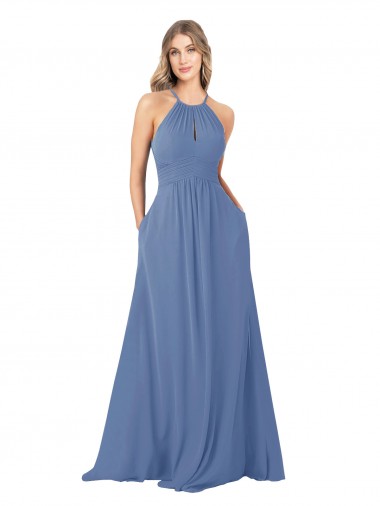 Outlet Azul Windsor línea A Cuello Alto Gasa Largo Vestidos de dama de honor