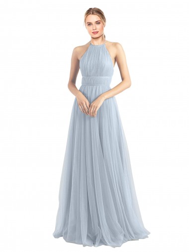 Outlet Azul cielo claro línea A Halter Tul Largo Vestidos de dama de honor