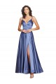 Outlet Azul francés línea A Tirantes espagueti Satén sedoso Largo Formales Vestidos de dama de honor / Vestidos de fiesta