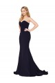 Outlet Azul marina oscuro Sirena Cuello Alto Barrer tren Crepé Elástico Largo Formales Vestidos de dama de honor / Vestidos de fiesta