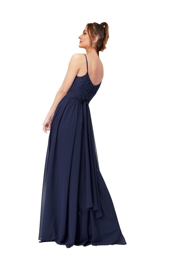 Outlet Azul marina oscuro línea A Cucharón Gasa Encaje Largo Vestidos de dama de honor
