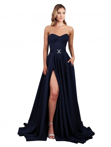 Outlet Azul marina oscuro línea A Cuello Alto Crepé Elástico Largo Formales Vestidos de dama de honor / Vestidos de fiesta
