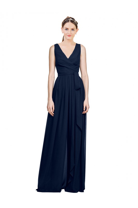 Outlet Azul marina oscuro línea A Cuello en V Gasa Largo Vestidos de dama de honor