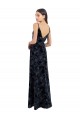 Outlet Azul marina oscuro línea A Cuello en V Terciopelo floral Terciopelo Elástico Largo Vestidos de dama de honor