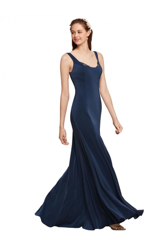 Outlet Azul marina oscuro línea A Cuello redondo Crepé Elástico Largo Formales Vestidos de dama de honor / Vestidos de fiesta