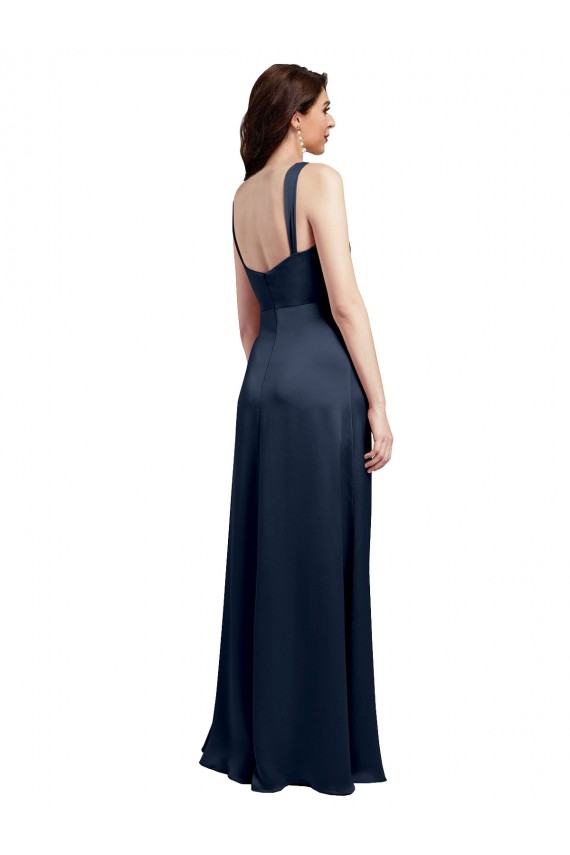 Outlet Azul marina oscuro línea A Satén elástico Largo Formales Vestidos de dama de honor / Vestidos de fiesta