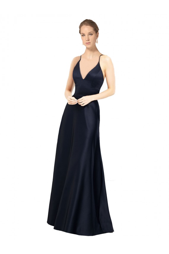 Outlet Azul marina oscuro línea A Tirantes espagueti Cuello en V Satén Largo Vestidos de dama de honor / Vestidos de fiesta