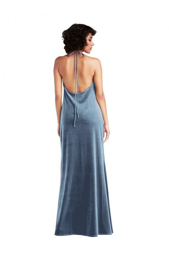 Outlet Azul polvoriento Cubierta Terciopelo Elástico Largo Vestidos de dama de honor / Vestidos de fiesta