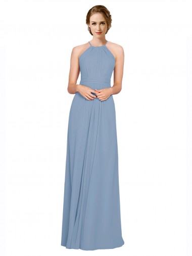 Outlet Azul polvoriento línea A Halter Cuello Alto Gasa Largo Vestidos de dama de honor