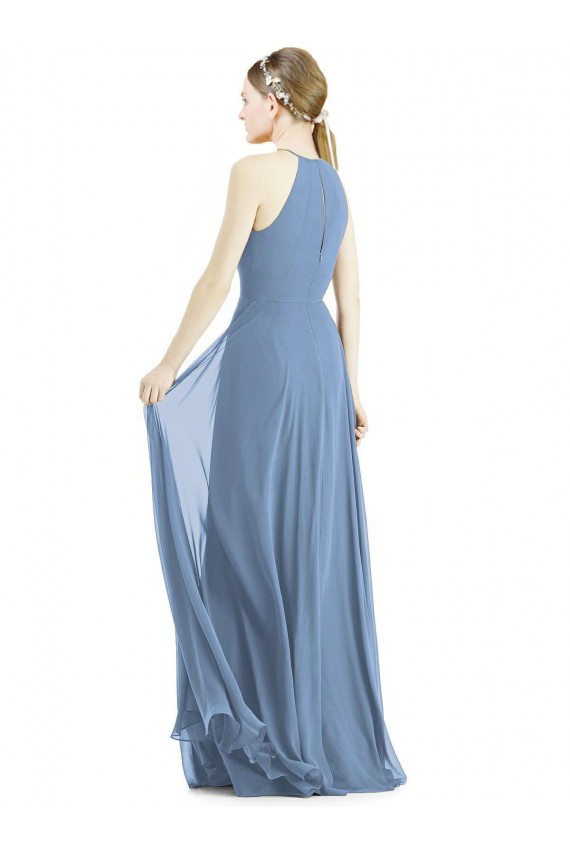 Outlet Azul polvoriento línea A Halter Gasa Largo Vestidos de dama de honor