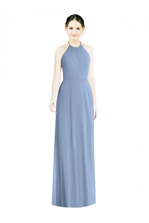 Outlet Azul polvoriento línea A Halter Gasa Largo Vestidos de dama de honor