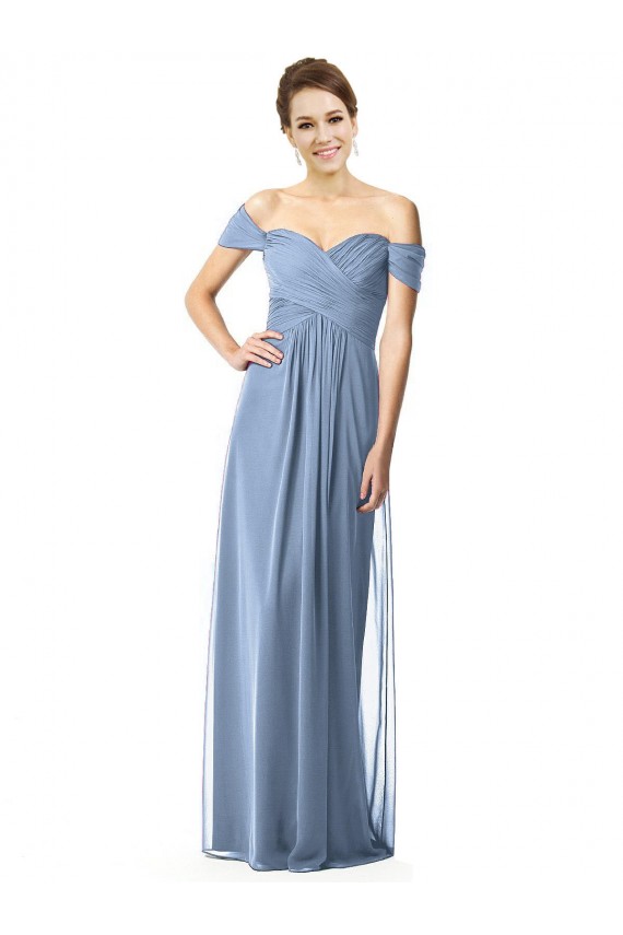 Outlet Azul polvoriento línea A Hombros Descubiertos Gasa Largo Vestidos de dama de honor