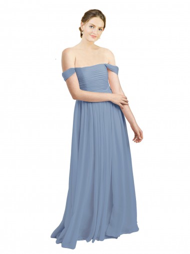 Outlet Azul polvoriento línea A Hombros Descubiertos Gasa Largo Vestidos de dama de honor