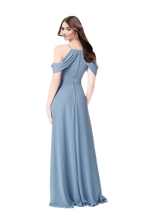 Outlet Azul polvoriento línea A Hombros Descubiertos Gasa Largo Vestidos de dama de honor