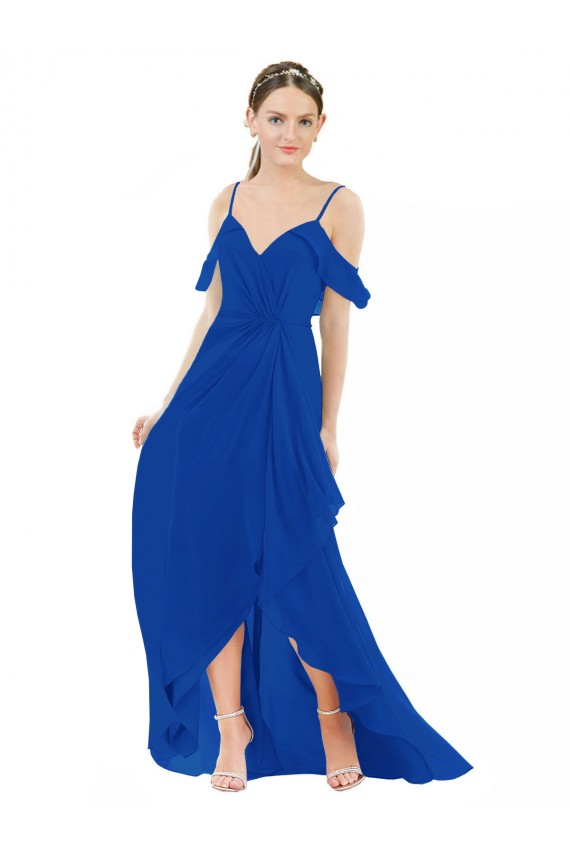 Outlet Azul real línea A Cuello en V Gasa Largo Asimétrico Vestidos de dama de honor