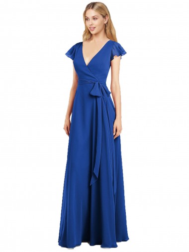 Outlet Azul real línea A Cuello en V Gasa Largo Vestidos de dama de honor