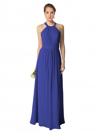 Outlet Azul real línea A Halter Gasa Largo Vestidos de dama de honor