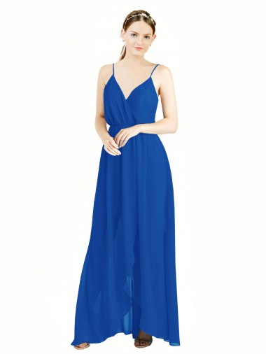 Outlet Azul real línea A Tirantes espagueti Cuello en V Gasa Largo Vestidos de dama de honor