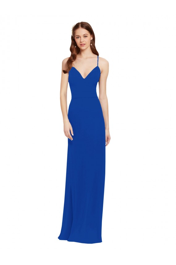Outlet Azul real línea A Tirantes espagueti Cuello en V Gasa Largo Vestidos de dama de honor