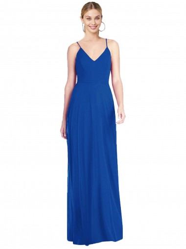 Outlet Azul real línea A Tirantes espagueti Cuello en V Gasa Largo Vestidos de dama de honor