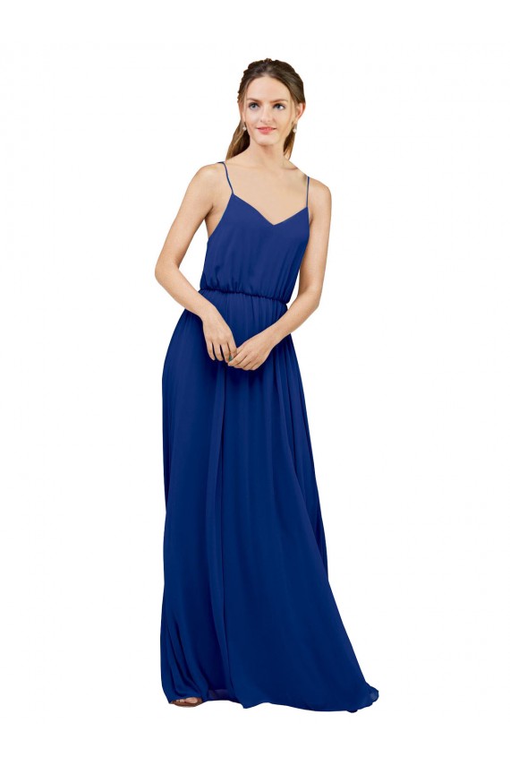 Outlet Azul real línea A Tirantes espagueti Gasa Largo Vestidos de dama de honor