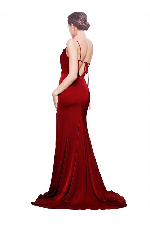 Outlet Borgoña Cubierta Tirantes espagueti Barrer tren Satén elástico Largo Formales Vestidos de dama de honor / Vestidos de fiesta