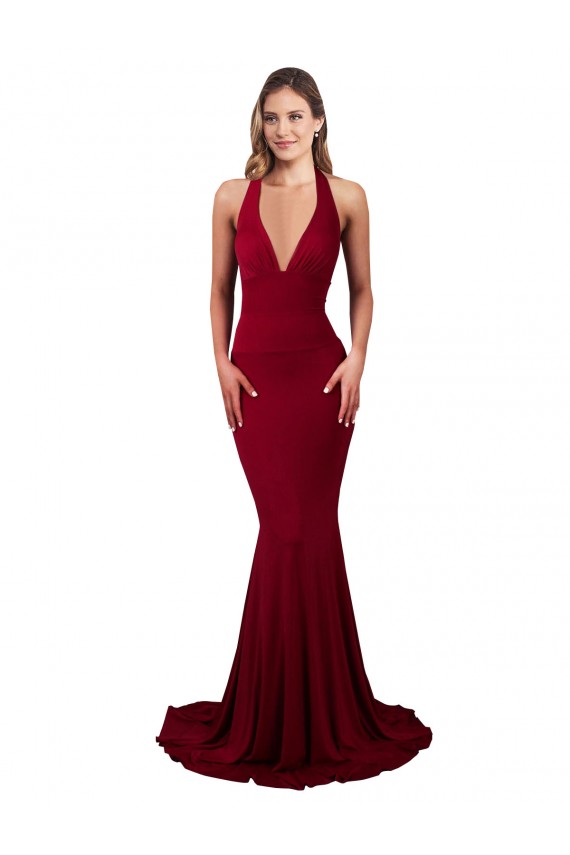 Outlet Borgoña Sirena Halter Cuello en V Spandex Largo Formales Vestidos de dama de honor / Vestidos de fiesta