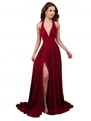 Outlet Borgoña línea A Halter Cuello en V Spandex Largo Formales Vestidos de dama de honor / Vestidos de fiesta