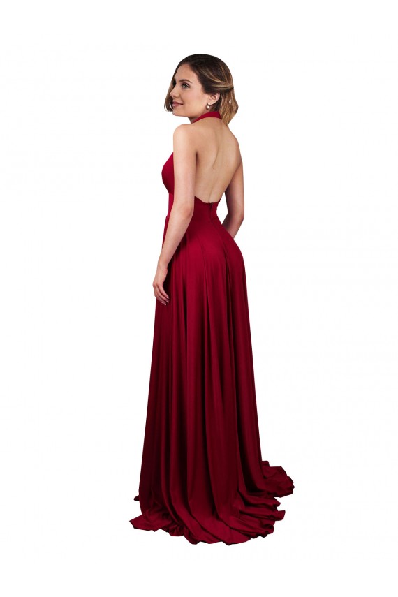 Outlet Borgoña línea A Halter Cuello en V Spandex Largo Formales Vestidos de dama de honor / Vestidos de fiesta