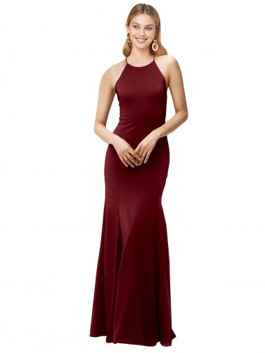 Outlet Borgoña oscuro Sirena Halter Cuello Alto Crepé Elástico Largo Formales Vestidos de dama de honor / Vestidos de fiesta