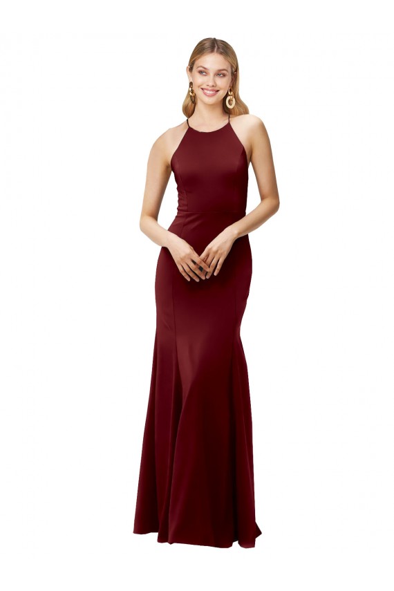 Outlet Borgoña oscuro Sirena Halter Cuello Alto Crepé Elástico Largo Formales Vestidos de dama de honor / Vestidos de fiesta