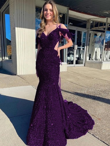 Outlet Ciruela Cubierta Tirantes espagueti Cuello en V Cola corte Lentejuelas Terciopelo Largo Vestidos de fiesta