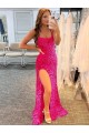 Outlet Fucsia Cubierta Tirantes espagueti Barrer tren Lentejuelas Terciopelo Largo Vestidos de fiesta