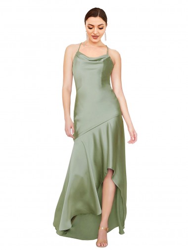 Outlet Humo Verde línea A Satén sedoso Largo Asimétrico Formales Vestidos de dama de honor / Vestidos de fiesta