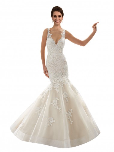 Outlet Marfil & Champán Sirena Cuello en V Cola capilla Tul Encaje Clásico Vestidos de novia