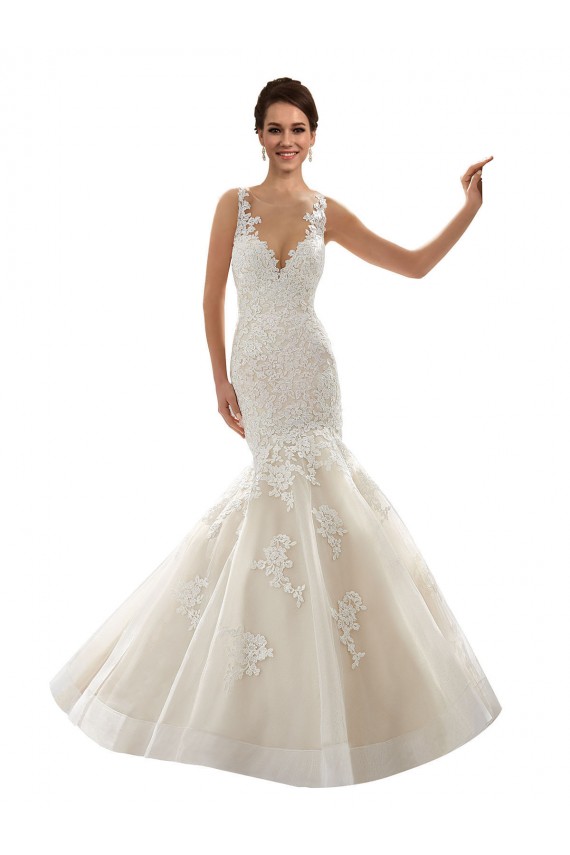 Outlet Marfil & Champán Sirena Cuello en V Cola capilla Tul Encaje Clásico Vestidos de novia