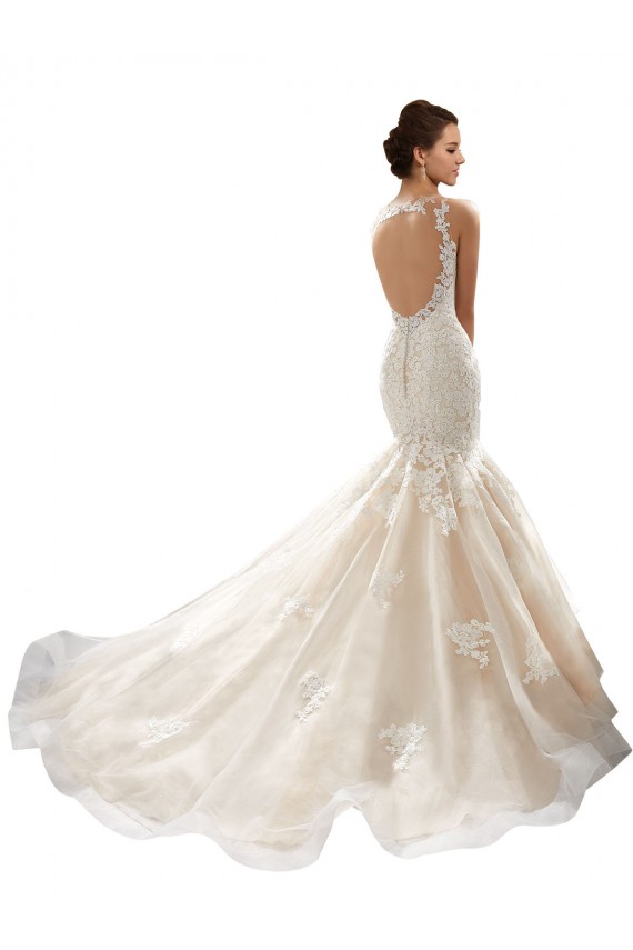 Outlet Marfil & Champán Sirena Cuello en V Cola capilla Tul Encaje Clásico Vestidos de novia