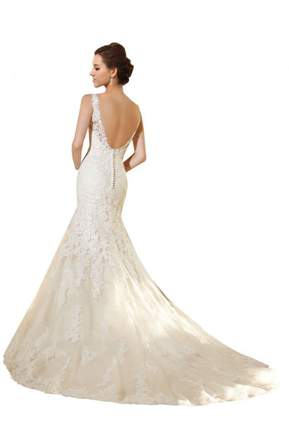 Outlet Marfil & Champán Sirena Cuello en V Cola capilla Tul Encaje Vestidos de novia