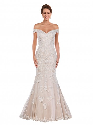 Outlet Marfil & Champán Sirena Hombros Descubiertos Cola capilla Encaje Clásico Vestidos de novia