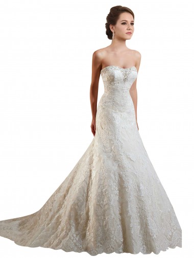 Outlet Marfil & Champán línea A Cuello de Corazón Cola capilla Encaje Vestidos de novia