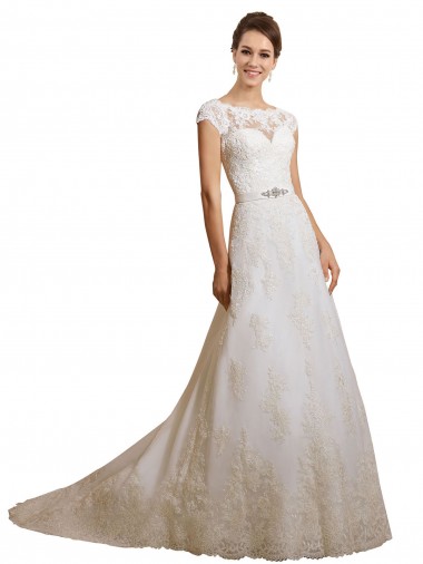 Outlet Marfil línea A Ilusión Cola capilla Tul Encaje Clásico Vestidos de novia
