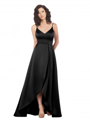 Outlet Negro línea A Cuello en V Satén sedoso Largo Asimétrico Formales Vestidos de dama de honor / Vestidos de fiesta