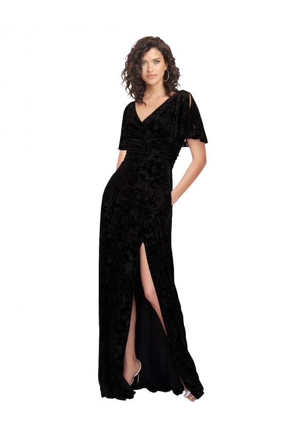 Outlet Negro línea A Cuello en V Terciopelo floral Terciopelo Elástico Largo Vestidos de dama de honor