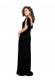 Outlet Negro línea A Cuello en V Terciopelo floral Terciopelo Elástico Largo Vestidos de dama de honor
