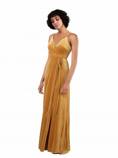 Outlet Oro Columna Cuello en V Terciopelo Elástico Largo Formales Vestidos de dama de honor / Vestidos de fiesta