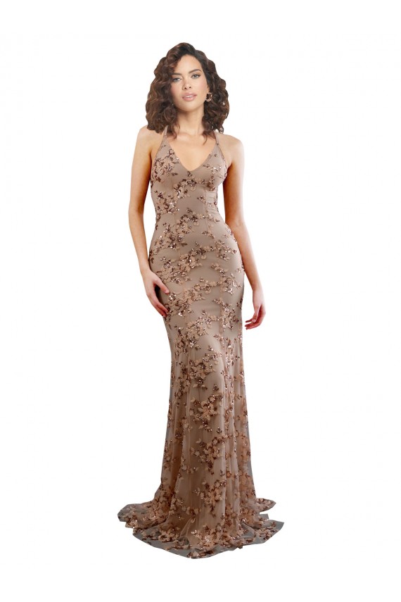 Outlet Oro rosa Sirena Cuello en V Cuello Alto Crepé Elástico Lentejuela Tul Largo Formales Vestidos de dama de honor / Vestidos de fiesta