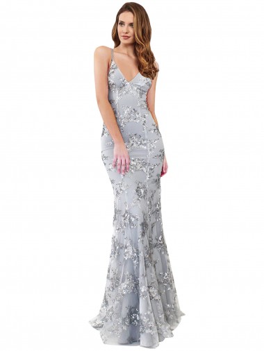 Outlet Plata Sirena Cuello en V Cuello Alto Crepé Elástico Lentejuela Tul Largo Formales Vestidos de dama de honor / Vestidos de fiesta
